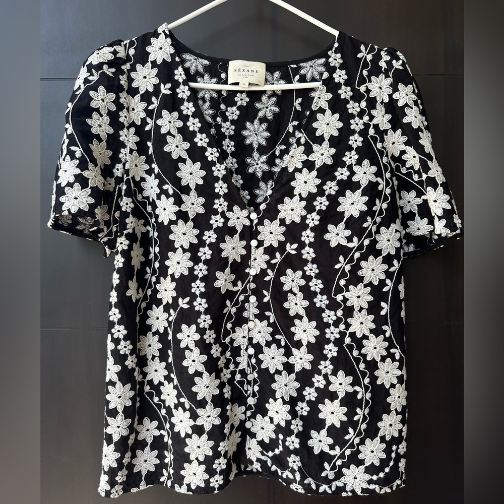 Sezane Emma Blouse Ecru Embroidery/ Black - Size 2 - Picture 7 of 11